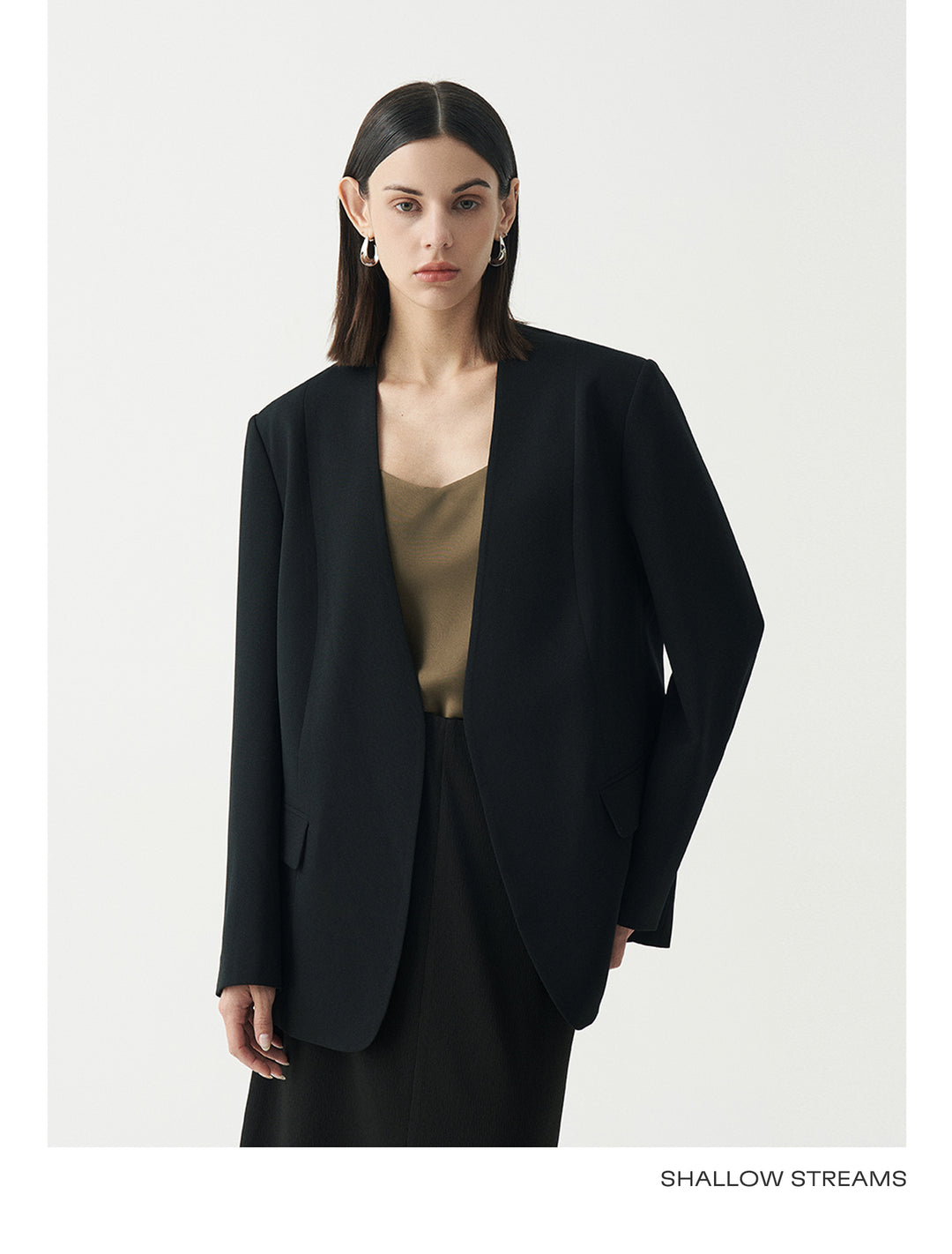 Minimalist Black Casual Collarless Blazer SSCB0059