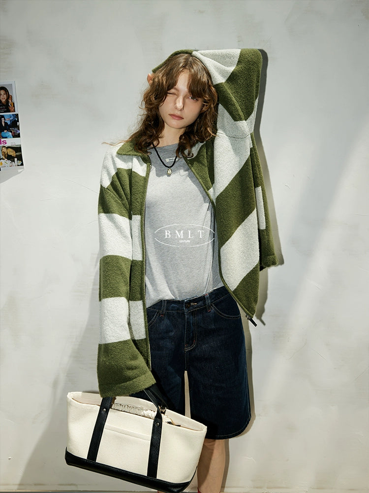 Olive Stripe Knit Zip Cardigan BMZC0274