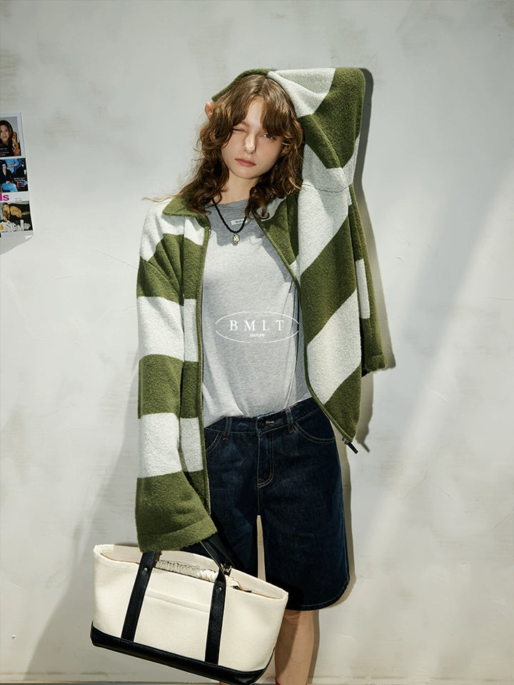 Olive Stripe Knit Zip Cardigan BMZC0274
