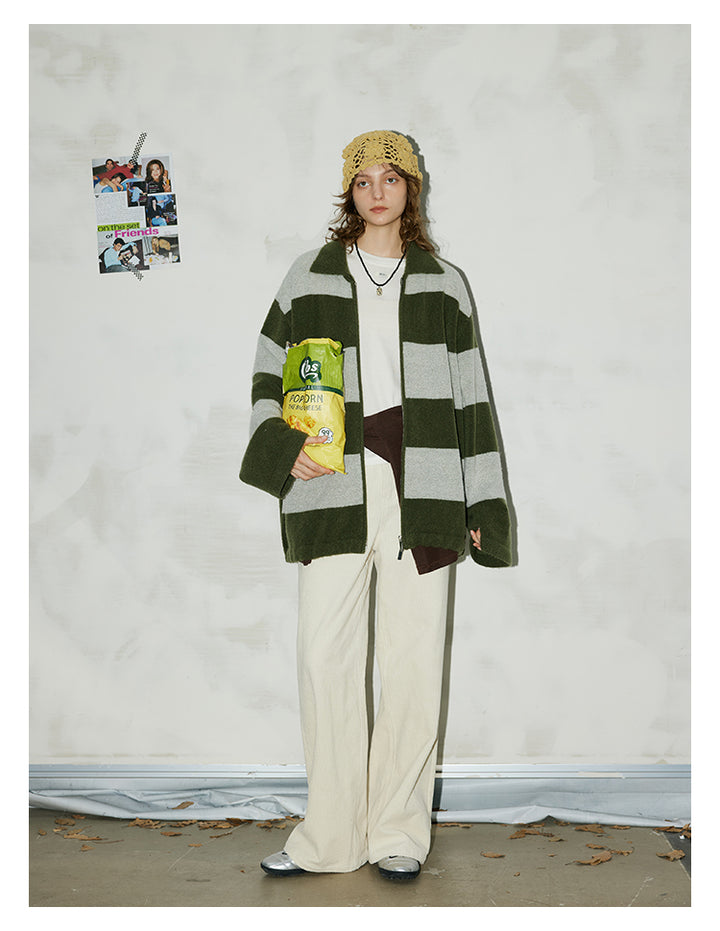 Olive Stripe Knit Zip Cardigan BMZC0274