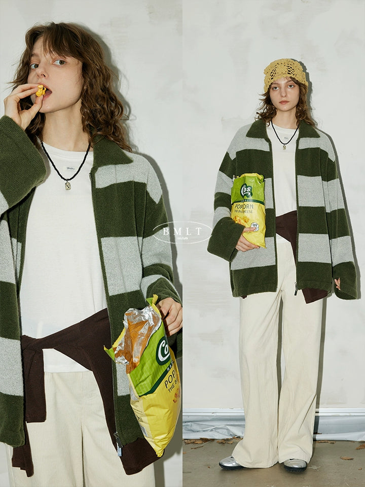 Olive Stripe Knit Zip Cardigan BMZC0274