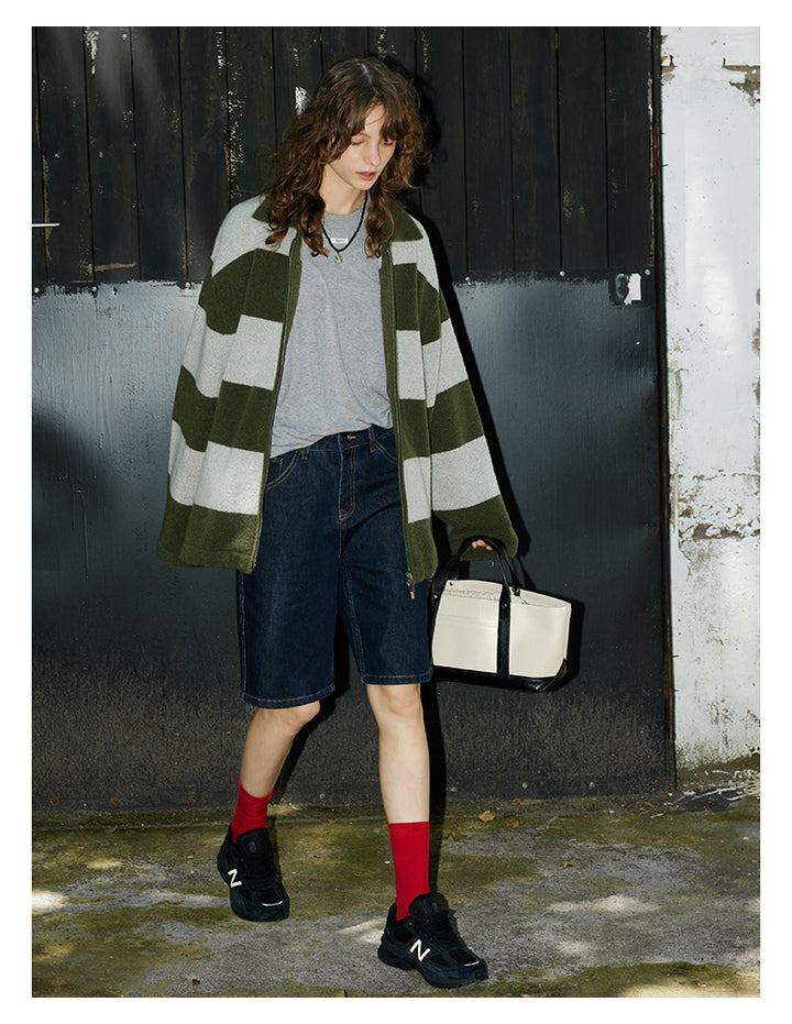 Olive Stripe Knit Zip Cardigan BMZC0274