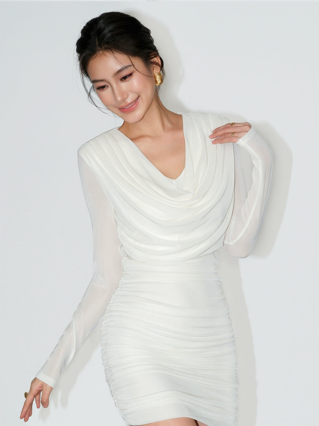 Elegant Drape-Neck Ruched Bodycon Dress NHDD0129