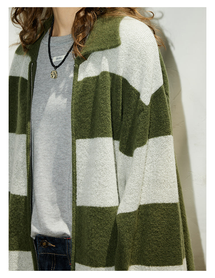 Olive Stripe Knit Zip Cardigan BMZC0274
