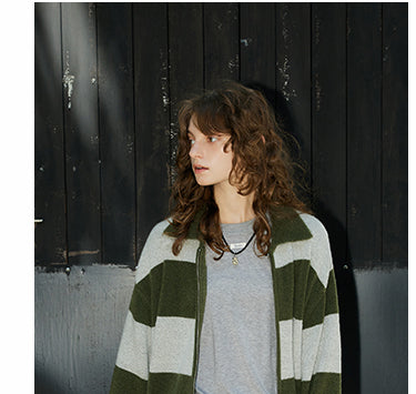 Olive Stripe Knit Zip Cardigan BMZC0274