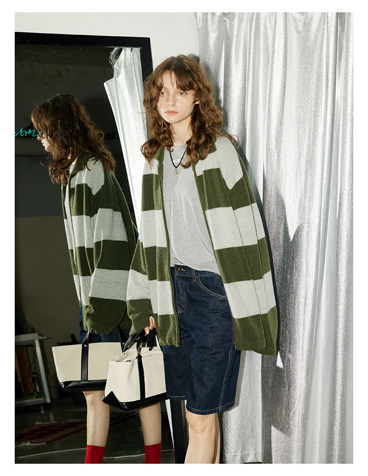Olive Stripe Knit Zip Cardigan BMZC0274