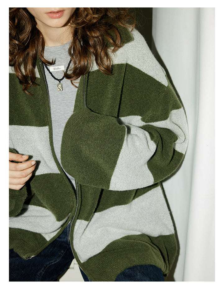 Olive Stripe Knit Zip Cardigan BMZC0274