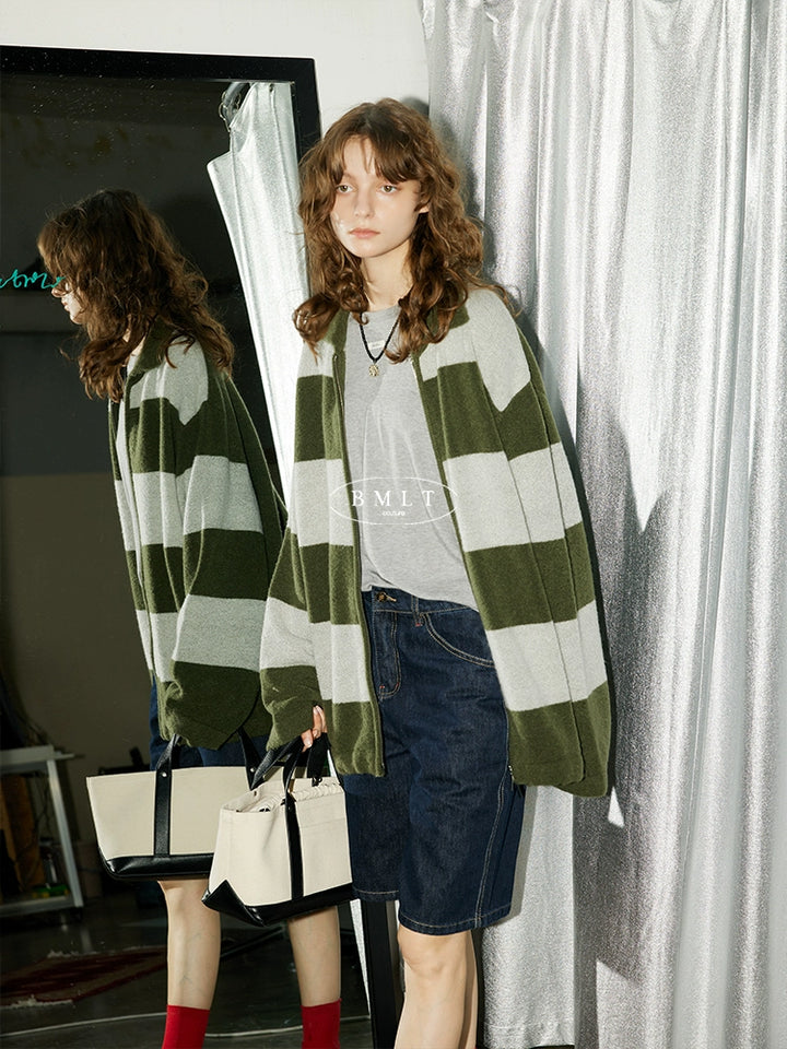 Olive Stripe Knit Zip Cardigan BMZC0274