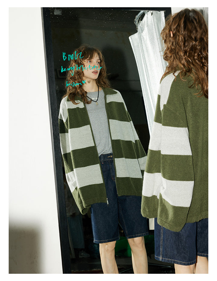 Olive Stripe Knit Zip Cardigan BMZC0274