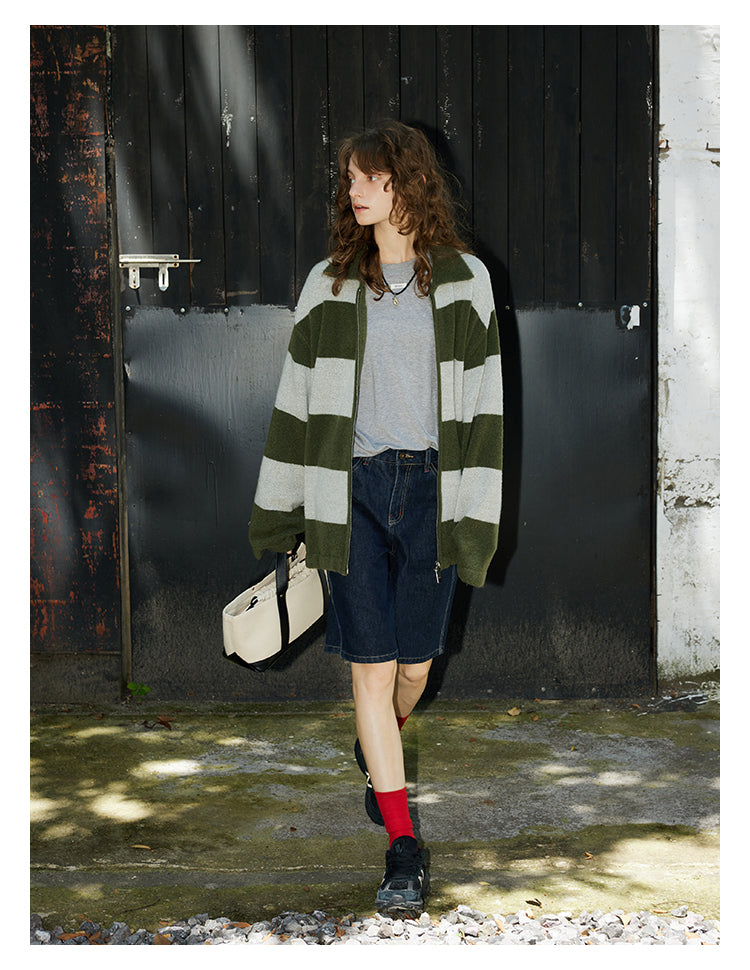 Olive Stripe Knit Zip Cardigan BMZC0274