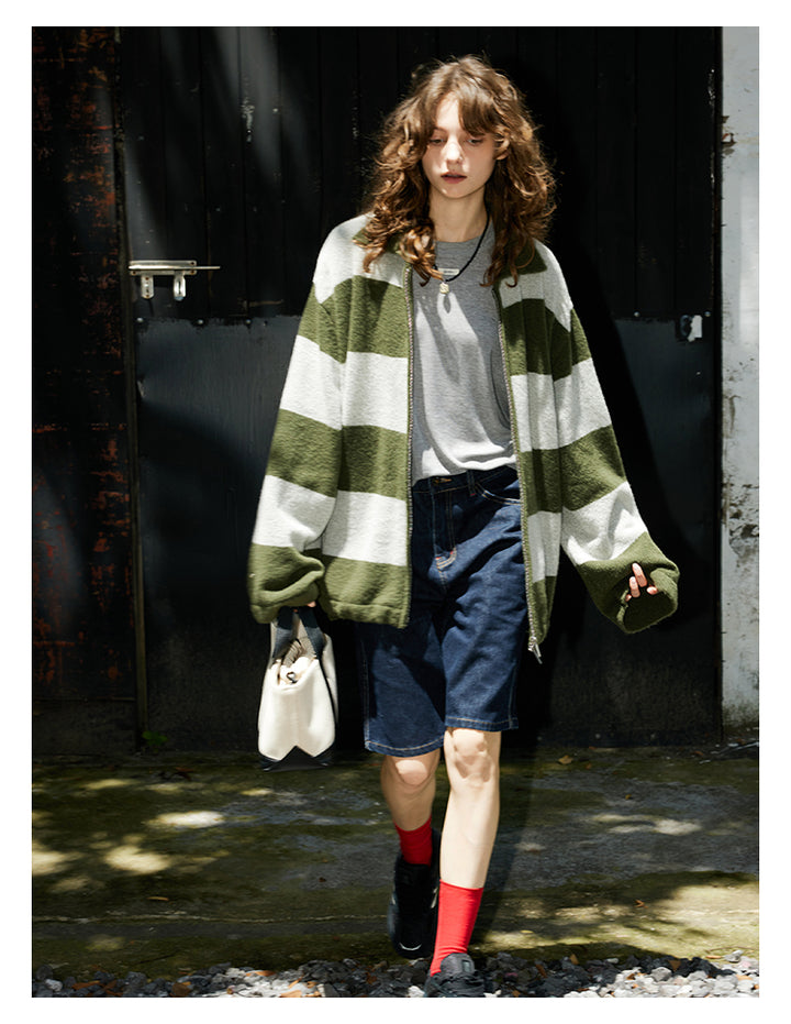 Olive Stripe Knit Zip Cardigan BMZC0274