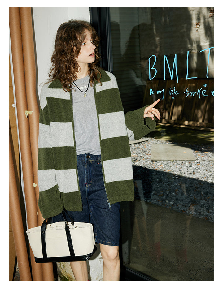 Olive Stripe Knit Zip Cardigan BMZC0274