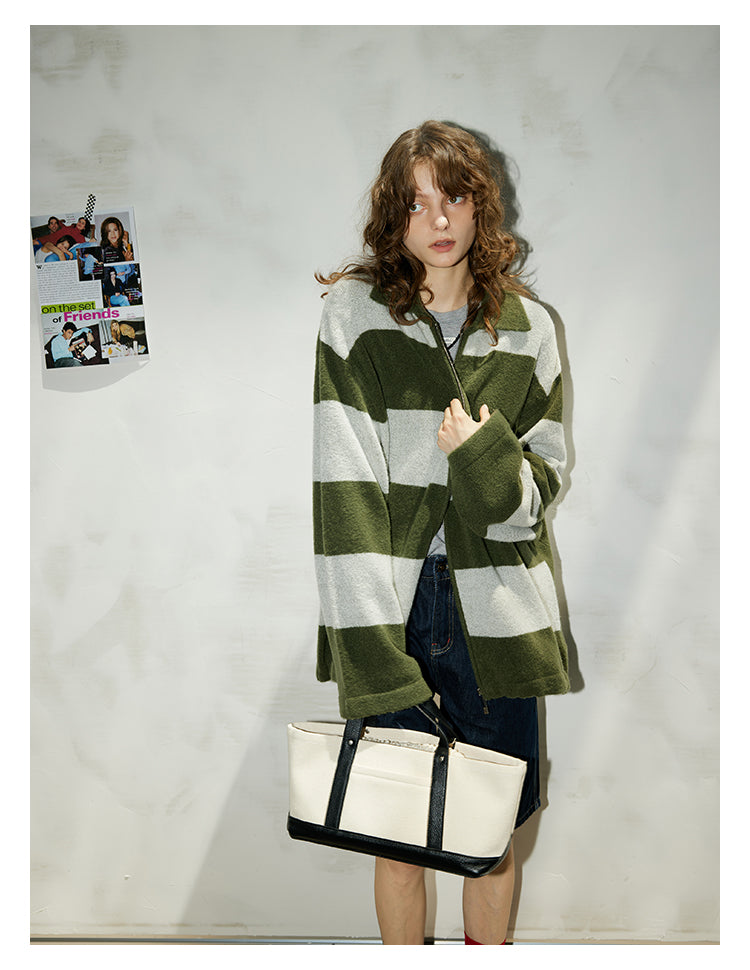Olive Stripe Knit Zip Cardigan BMZC0274