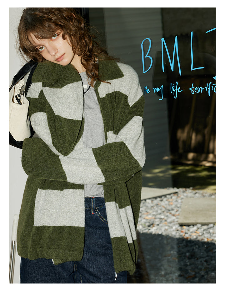 Olive Stripe Knit Zip Cardigan BMZC0274