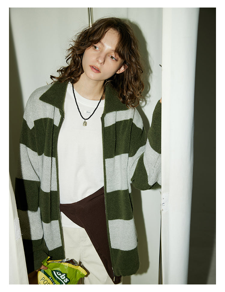 Olive Stripe Knit Zip Cardigan BMZC0274