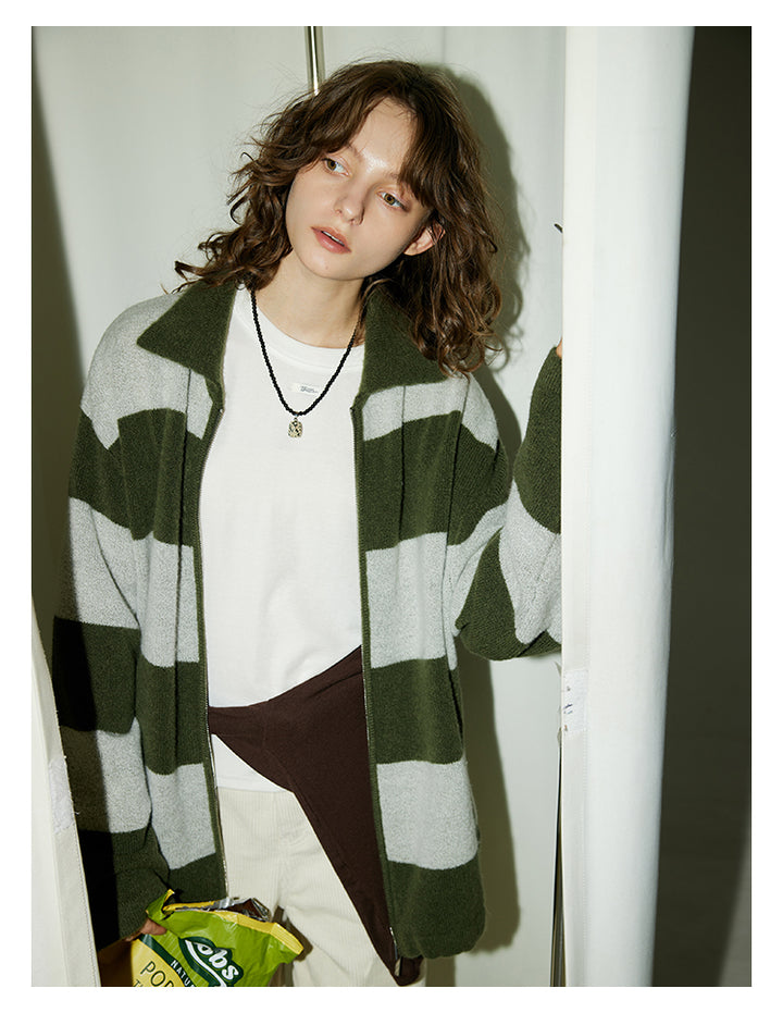 Olive Stripe Knit Zip Cardigan BMZC0274