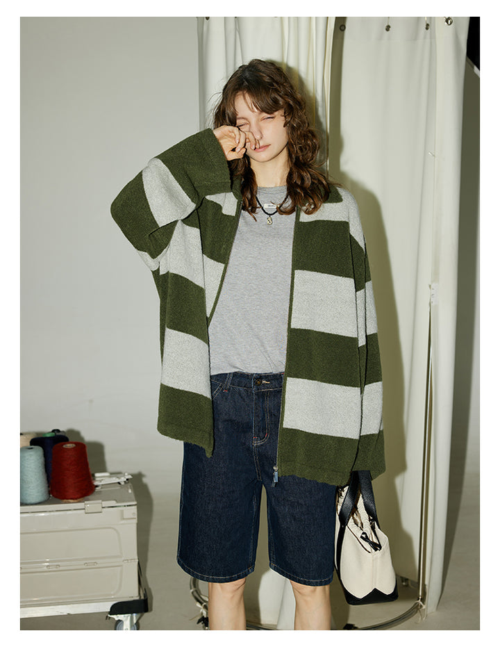 Olive Stripe Knit Zip Cardigan BMZC0274