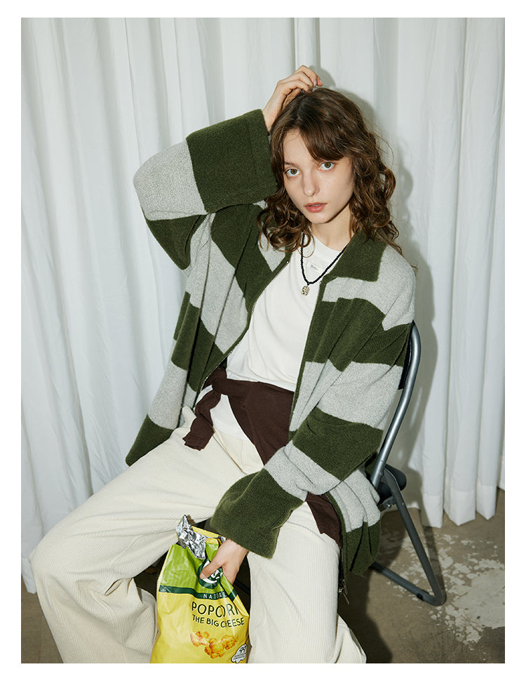 Olive Stripe Knit Zip Cardigan BMZC0274