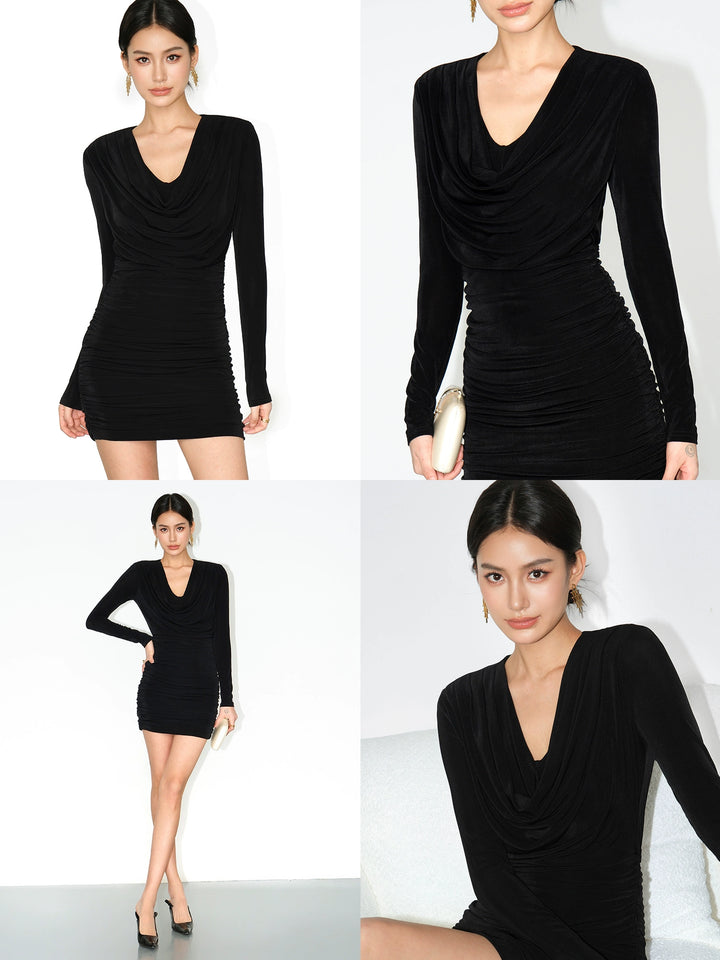 Elegant Drape-Neck Ruched Bodycon Dress NHDD0129