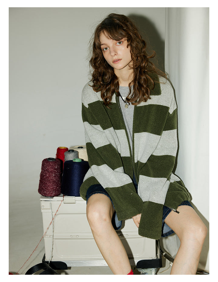 Olive Stripe Knit Zip Cardigan BMZC0274