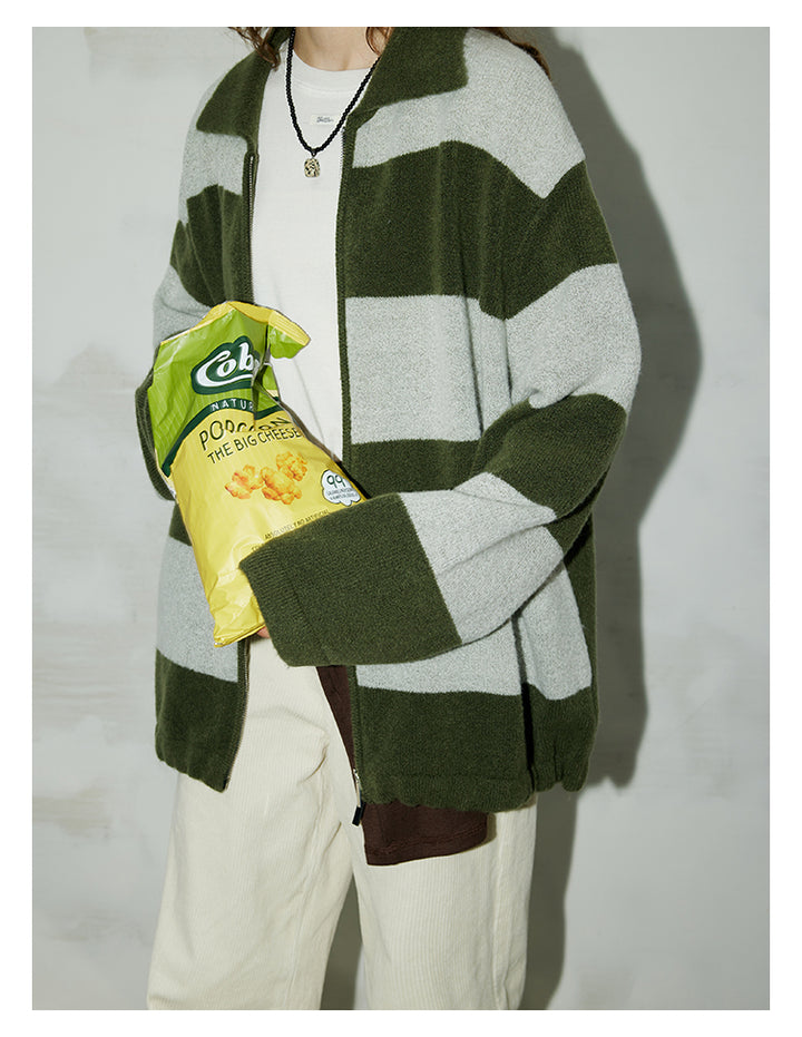 Olive Stripe Knit Zip Cardigan BMZC0274