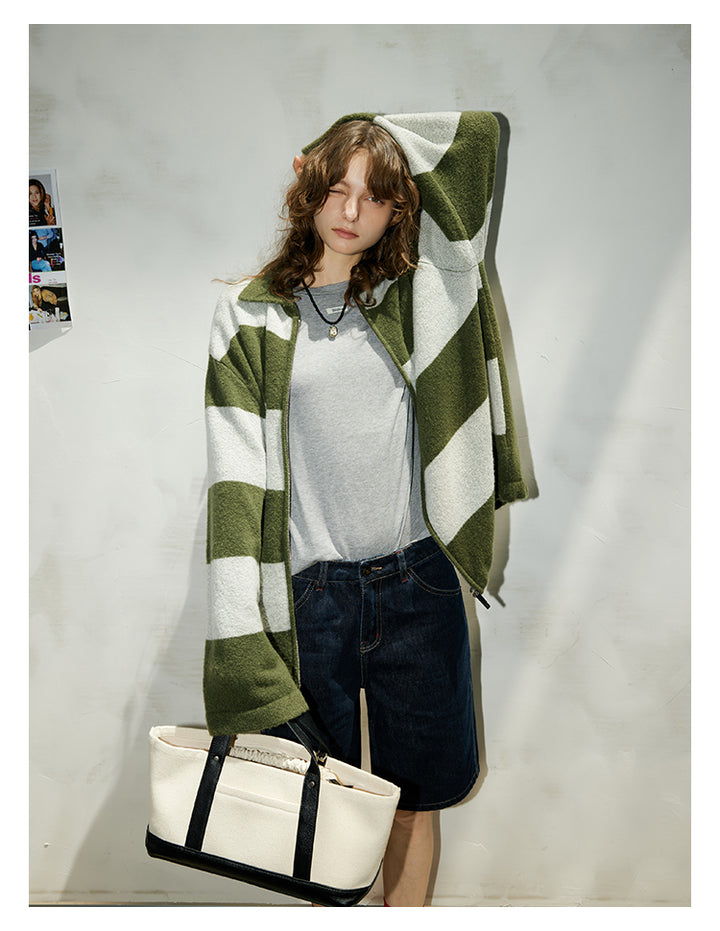 Olive Stripe Knit Zip Cardigan BMZC0274