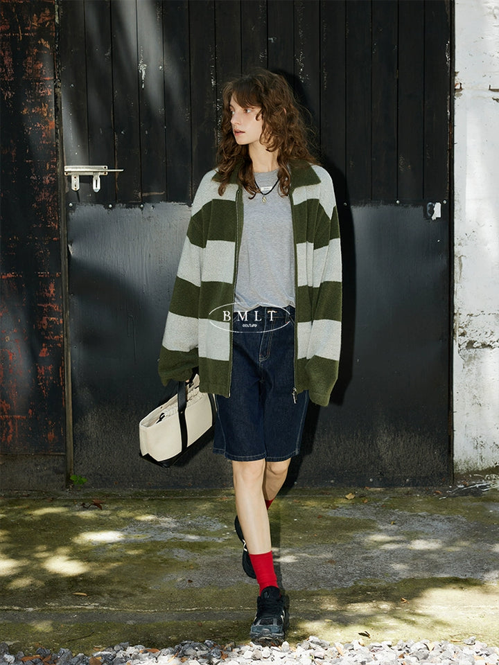 Olive Stripe Knit Zip Cardigan BMZC0274