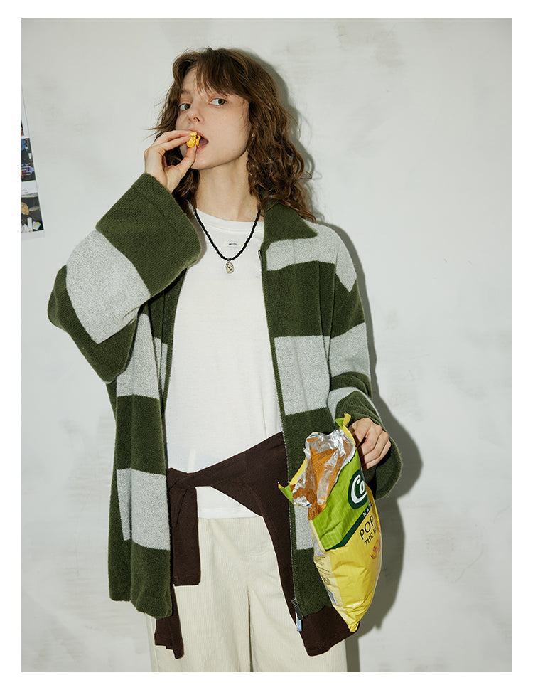 Olive Stripe Knit Zip Cardigan BMZC0274