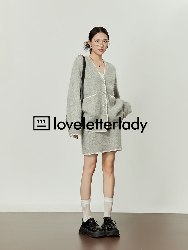 Gray V-Neck Cardigan Skirt Set LLCS0005