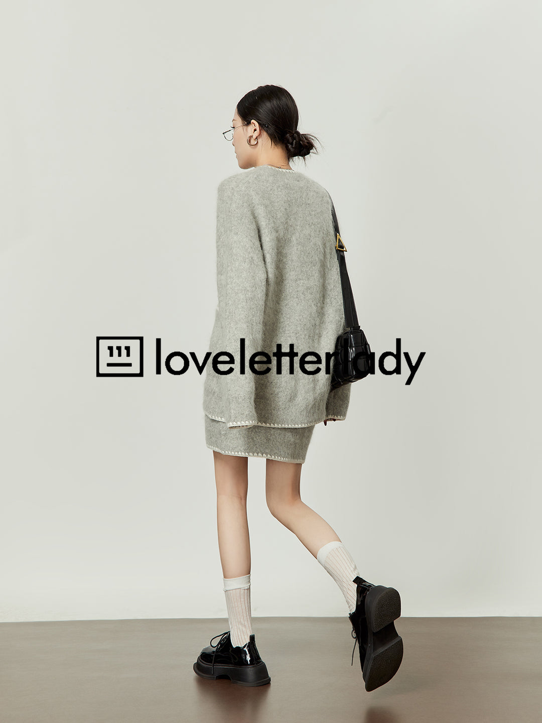 Gray V-Neck Cardigan Skirt Set LLCS0005