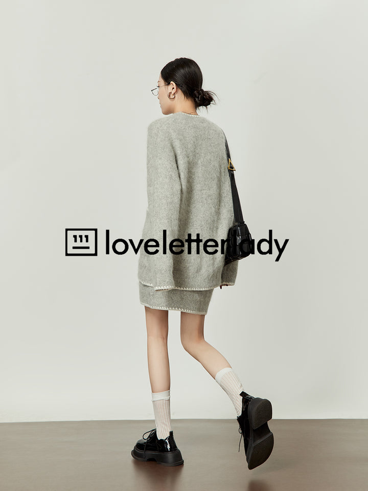 Gray V-Neck Cardigan Skirt Set LLCS0005