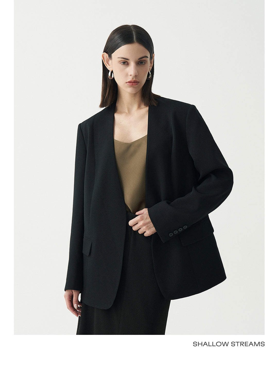 Minimalist Black Casual Collarless Blazer SSCB0059