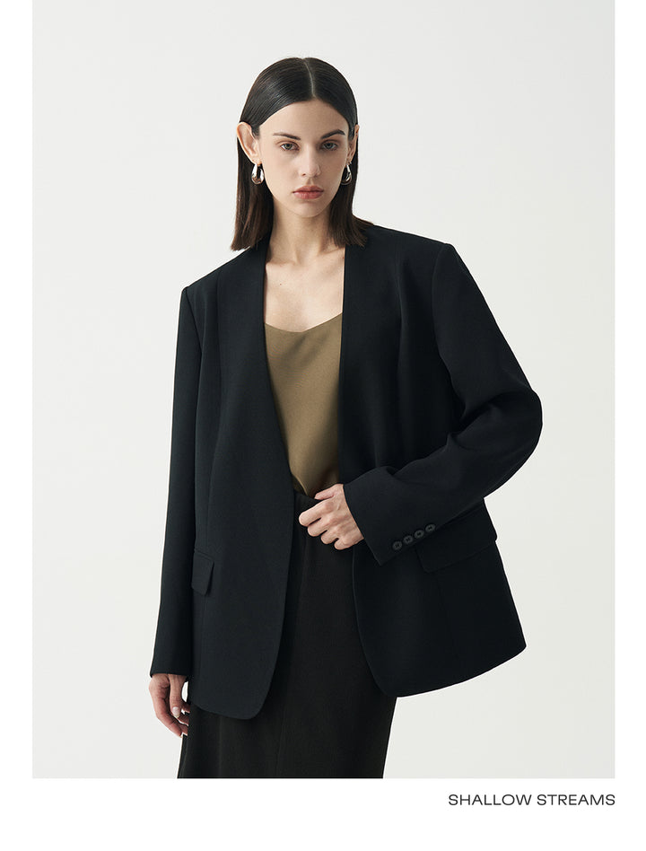 Minimalist Black Casual Collarless Blazer SSCB0059