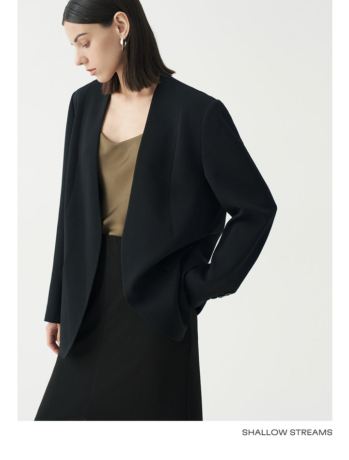 Minimalist Black Casual Collarless Blazer SSCB0059