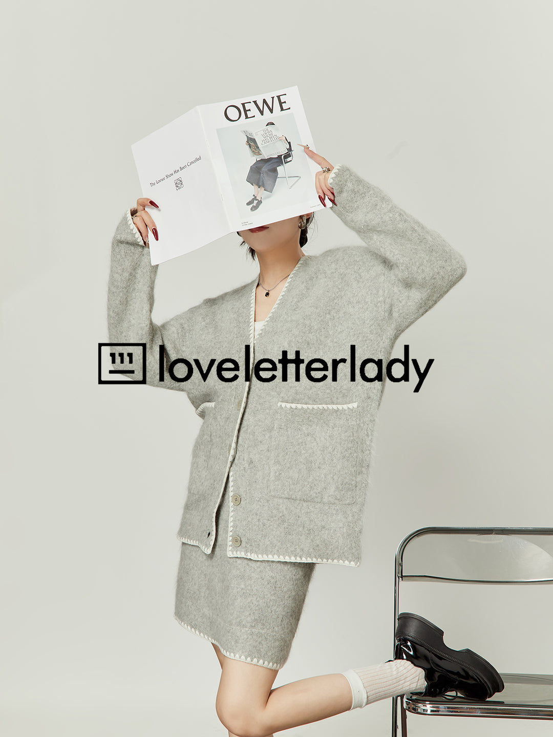 Gray V-Neck Cardigan Skirt Set LLCS0005