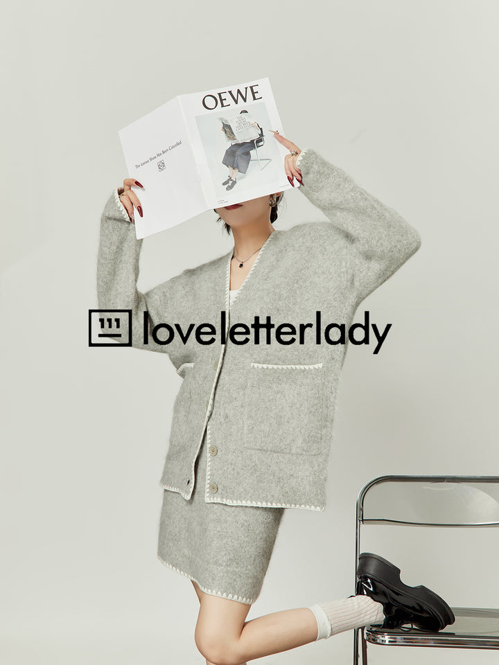 Gray V-Neck Cardigan Skirt Set LLCS0005