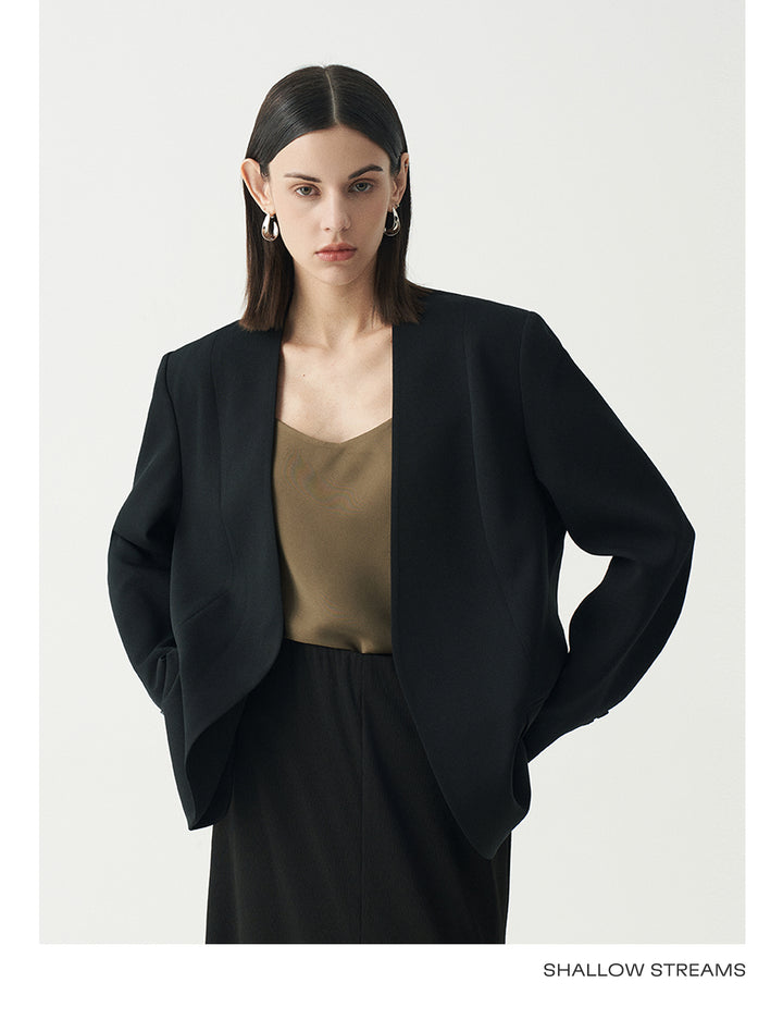 Minimalist Black Casual Collarless Blazer SSCB0059