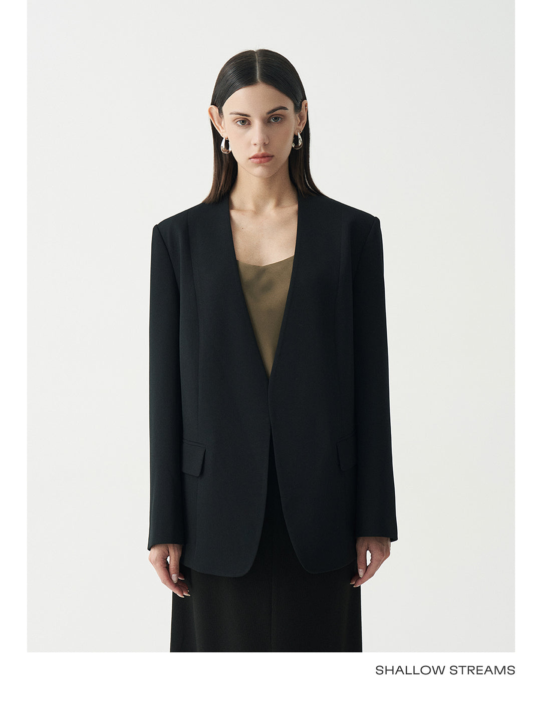 Minimalist Black Casual Collarless Blazer SSCB0059