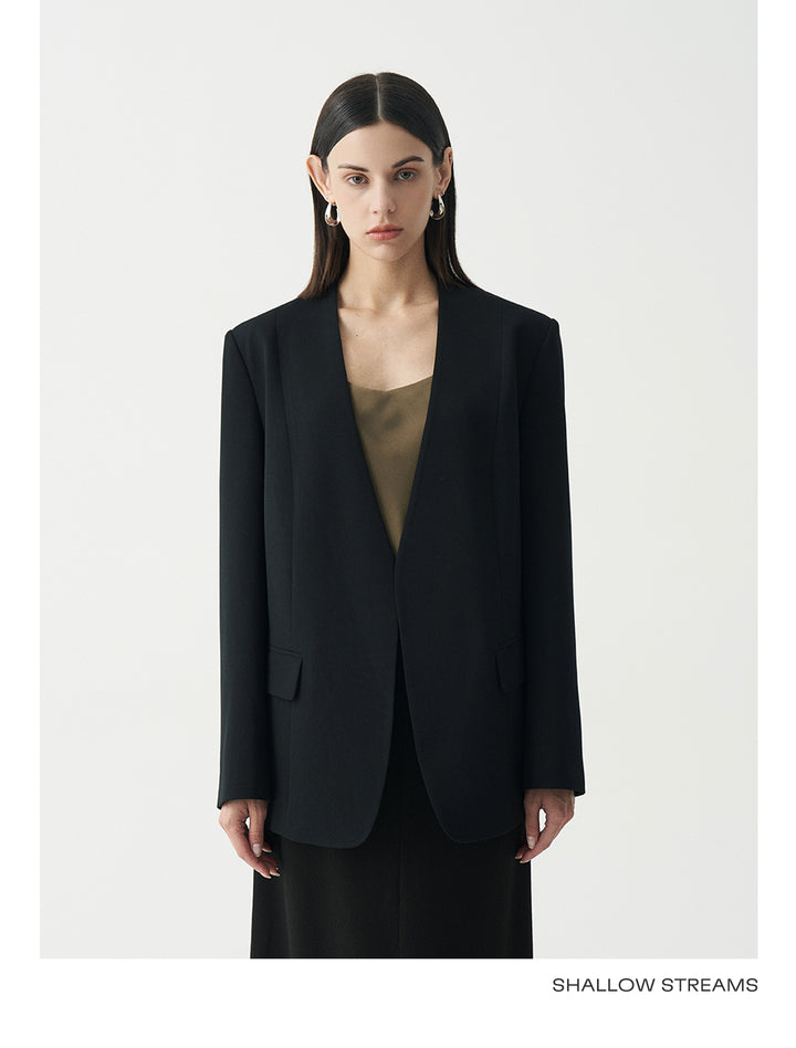 Minimalist Black Casual Collarless Blazer SSCB0059
