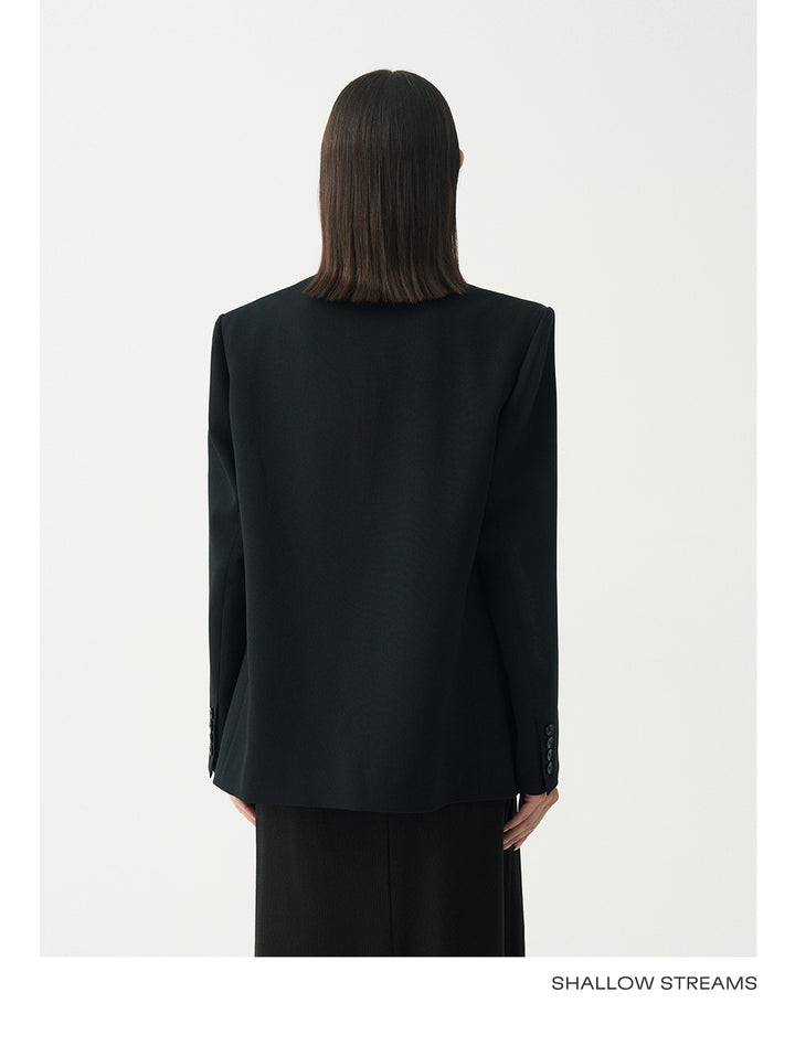 Minimalist Black Casual Collarless Blazer SSCB0059