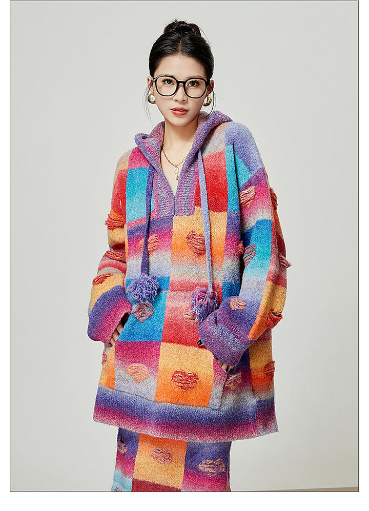 Rainbow Heart Knit Hoodie and Skirt Set LLKS0093