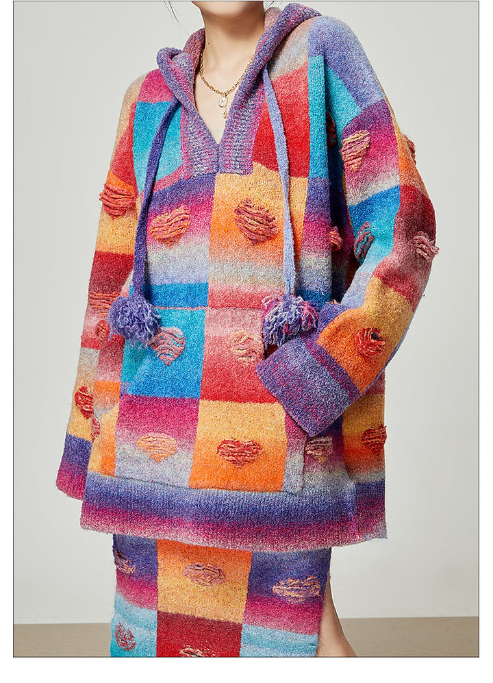 Rainbow Heart Knit Hoodie and Skirt Set LLKS0093