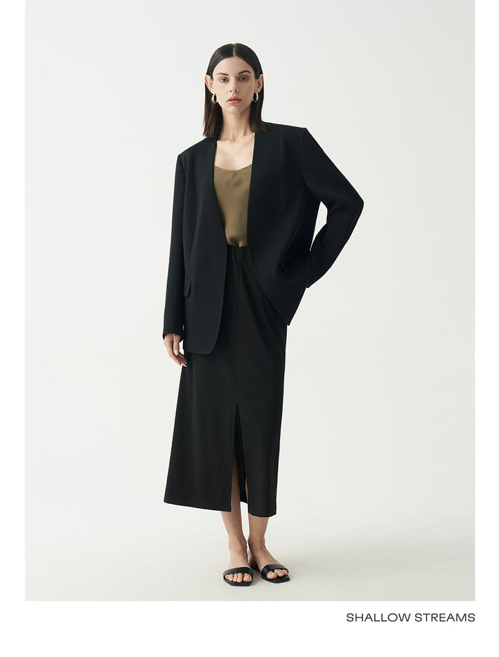 Minimalist Black Casual Collarless Blazer SSCB0059