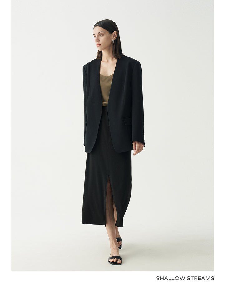 Minimalist Black Casual Collarless Blazer SSCB0059