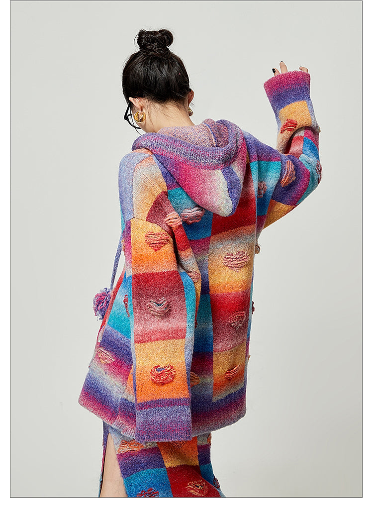 Rainbow Heart Knit Hoodie and Skirt Set LLKS0093