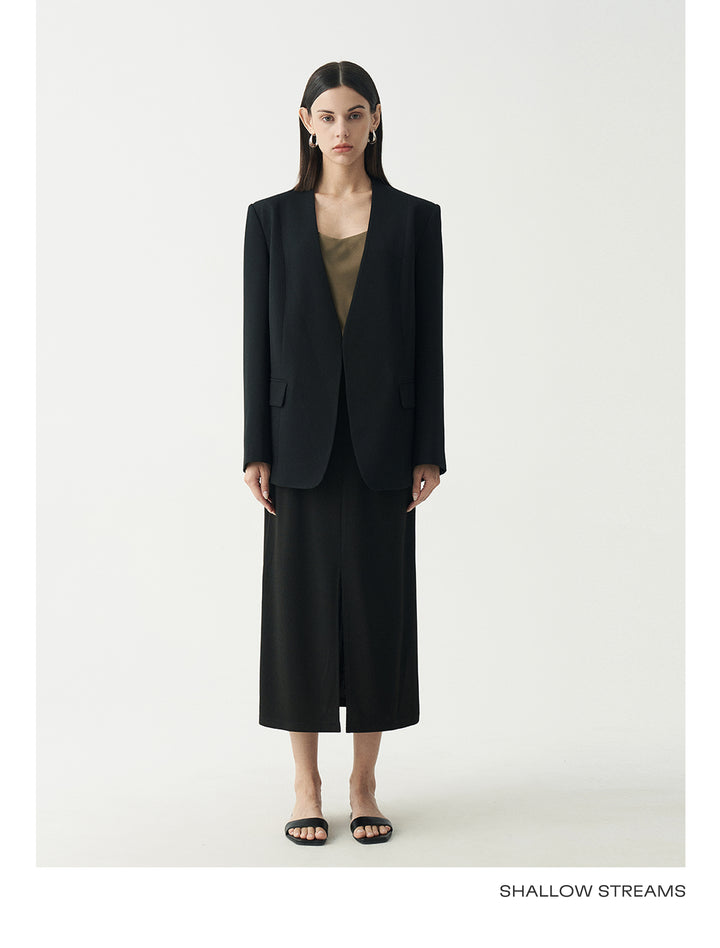 Minimalist Black Casual Collarless Blazer SSCB0059