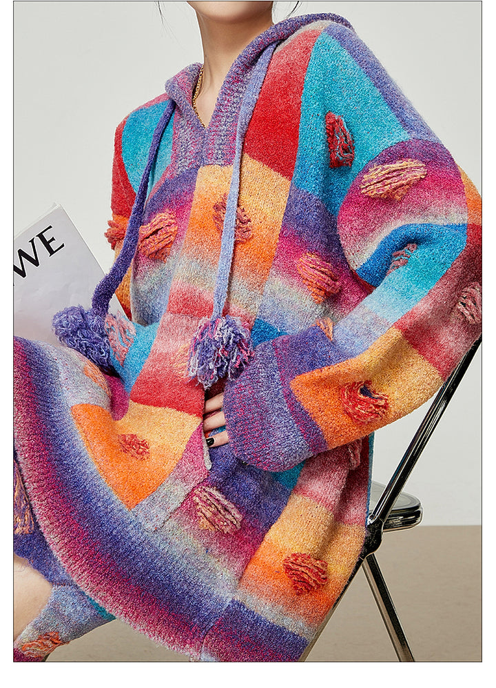 Rainbow Heart Knit Hoodie and Skirt Set LLKS0093