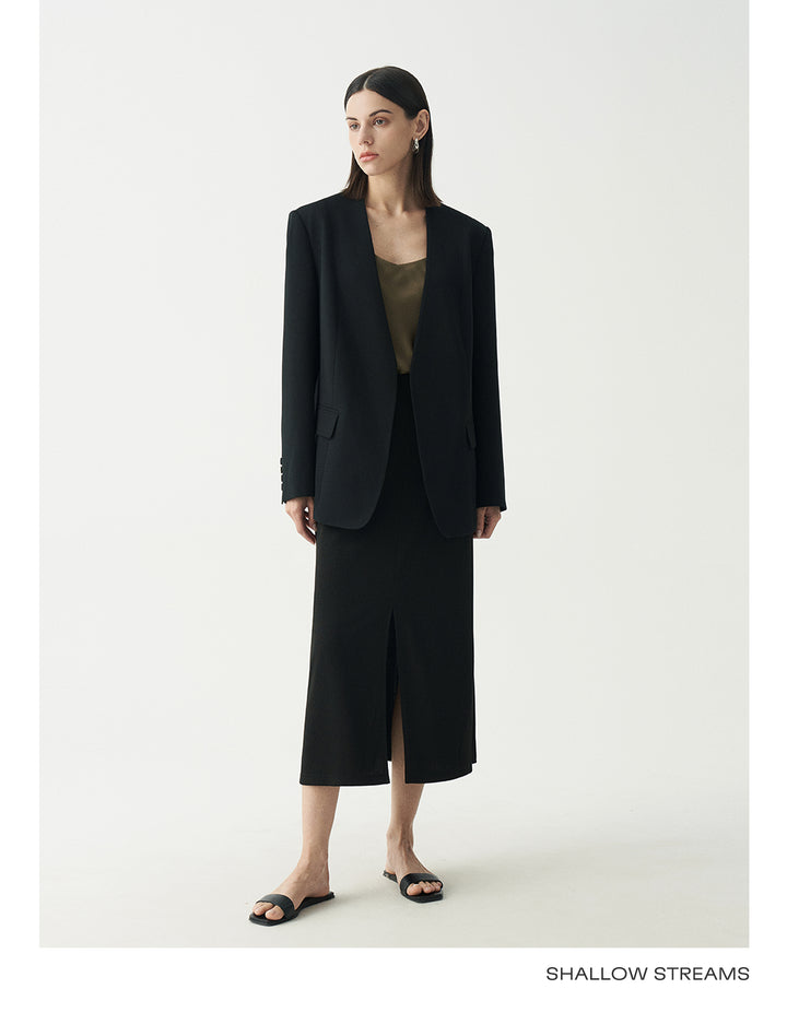 Minimalist Black Casual Collarless Blazer SSCB0059