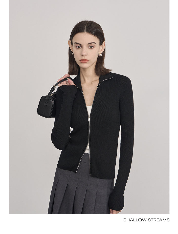Wool Double Zip Turtleneck Knit Top SSKT0051