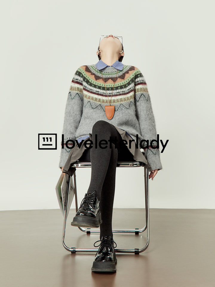 Round Neck Pullover Jacquard Striped Sweater LLRS0094